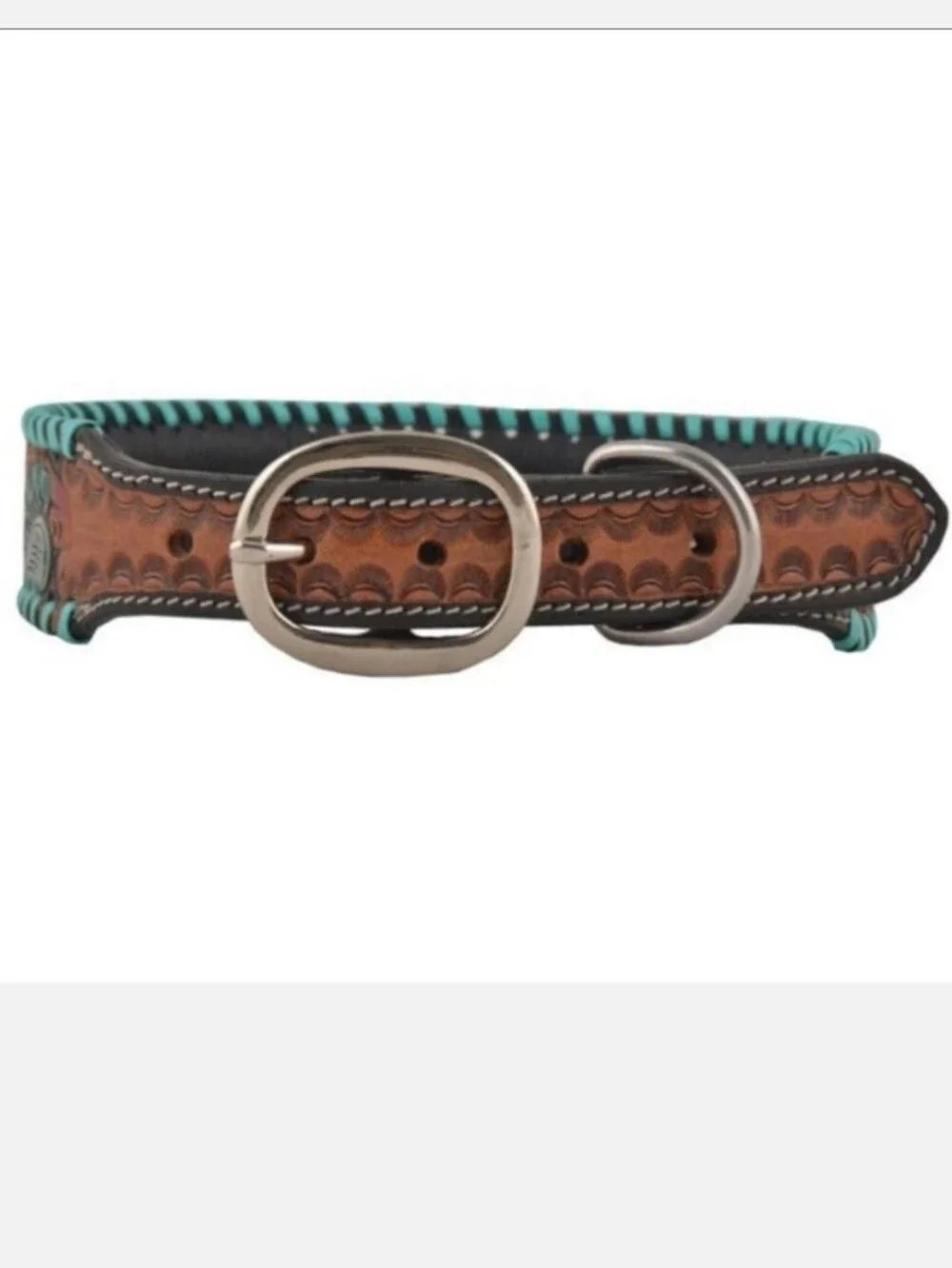 Turquoise Floral Leather Dog Collar - Stylish Pet Accessory